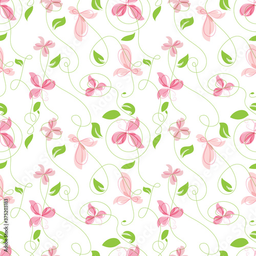 seamless pattern with pink flowers and green leaves