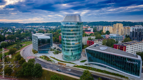 Aerial view of bank building in Vilnius by drone