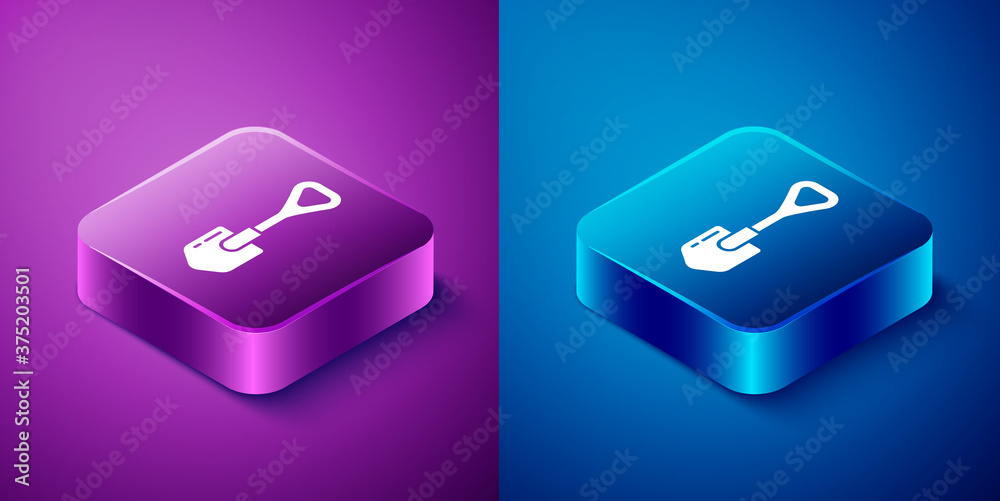 Isometric Shovel icon isolated on blue and purple background. Gardening tool. Tool for horticulture, agriculture, farming. Square button. Vector Illustration. Isometric Shovel icon isolated on blue and purple background. Gardening tool. Tool for horticulture, agriculture, farming. Square button. Vector Illustration.