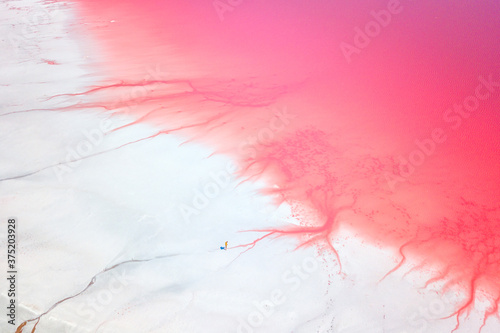 Amazing forms of land surface made of water and salt, nature abstract background, aerial view. Pink extremely salty Syvash Lake also known as Putrid Sea or Rotten Sea