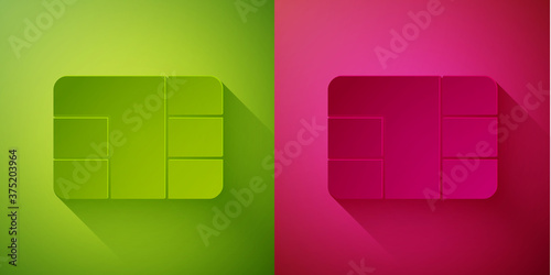 Paper cut Credit card with chip icon isolated on green and pink background. Contactless payment. Paper art style. Vector Illustration.