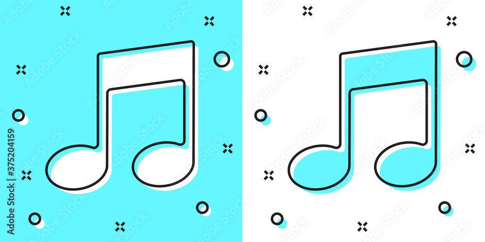 Black line Music note, tone icon isolated on green and white background. Random dynamic shapes. Vector Illustration. Black line Music note, tone icon isolated on green and white background. Random dynamic shapes. Vector Illustration.
