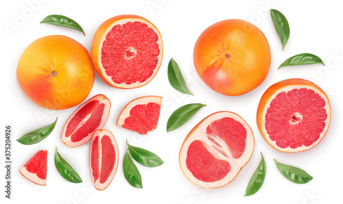 Fototapeta Naklejka Na Ścianę i Meble -  Grapefruit and slices isolated on white background. Top view with copy space for your text. Flat lay. With clipping path and full depth of field