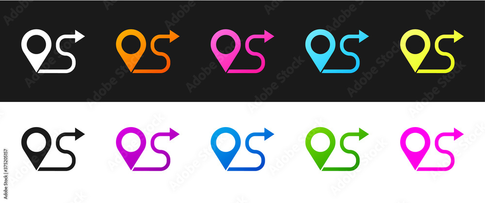 Set Route location icon isolated on black and white background. Map pointer sign. Concept of path or road. GPS navigator. Vector Illustration. Set Route location icon isolated on black and white background. Map pointer sign. Concept of path or road. GPS navigator. Vector Illustration.