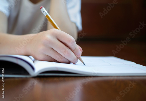Child holding pencil writes in a notebook photo