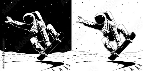 Vector Astronaut with american flag chevron on spacesuit riding a skateboard in the crater bowl on the bright side of the Moon Performs the trick indy grab lien crossbone frontside