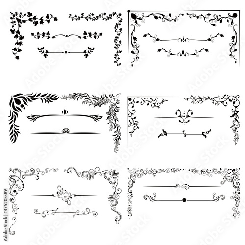 vintage borders, vignettes, corners; floral elements; page decorations; vector set