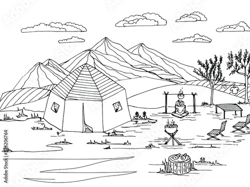 Anti-stress coloring black and white vector drawing drawn by hand. Illustration of a tent, for painting mountains, campfire, barbecue, chaise longue. Suitable for posters, postcards, stickers