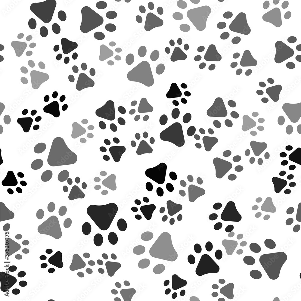 Fototapeta premium Black Paw print icon isolated seamless pattern on white background. Dog or cat paw print. Animal track. Vector.