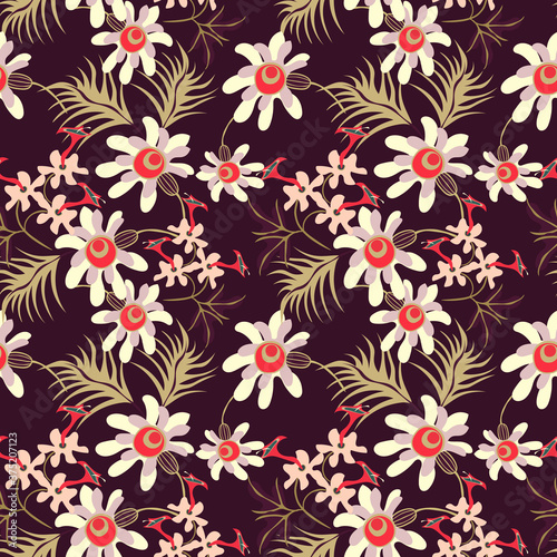 Fototapet Vector floral seamless pattern with abstract tropical flowers, leaves, branches