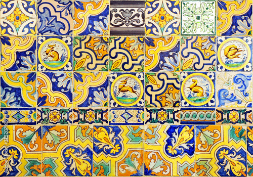 Composición abstracta con azulejos de Triana reutilizados, tendencia moderna de fondo decorativo sostenible y colorista. Sevilla España photo