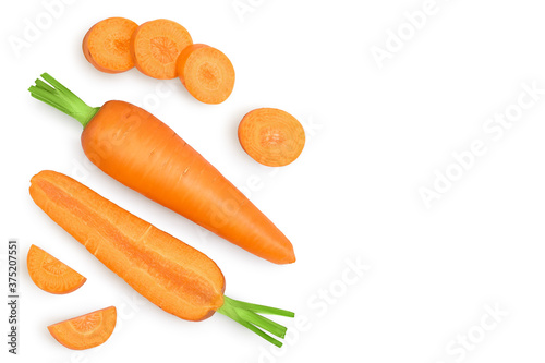 Carrot isolated on white background with clipping path and full depth of field. Top view with copy space for your text. Flat lay,