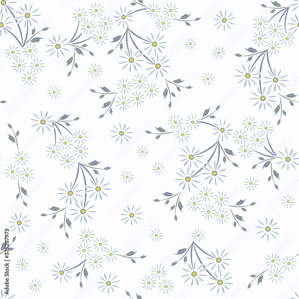 Vector seamless pattern with small scattered flowers, daisies, leaves. Liberty style print. Elegant floral background. Simple ditsy texture. Blue and white color. Repeat design for wallpapers, fabric