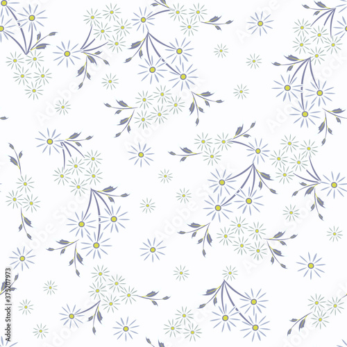 Fototapeta Naklejka Na Ścianę i Meble -  Vector seamless pattern with small scattered flowers, daisies, leaves. Liberty style print. Elegant floral background. Simple ditsy texture. Blue and white color. Repeat design for wallpapers, fabric