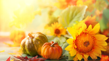 Autumn festive background with sunflowers, pumpkins and fall leaves. Concept of Thanksgiving day or Halloween with copy space