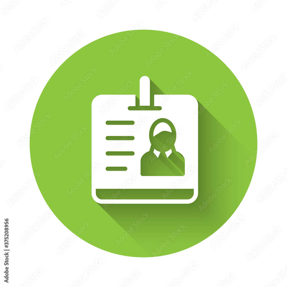 White Identification badge icon isolated with long shadow. It can be used for presentation, identity of the company, advertising. Green circle button. Vector. White Identification badge icon isolated with long shadow. It can be used for presentation, identity of the company, advertising. Green circle button. Vector.