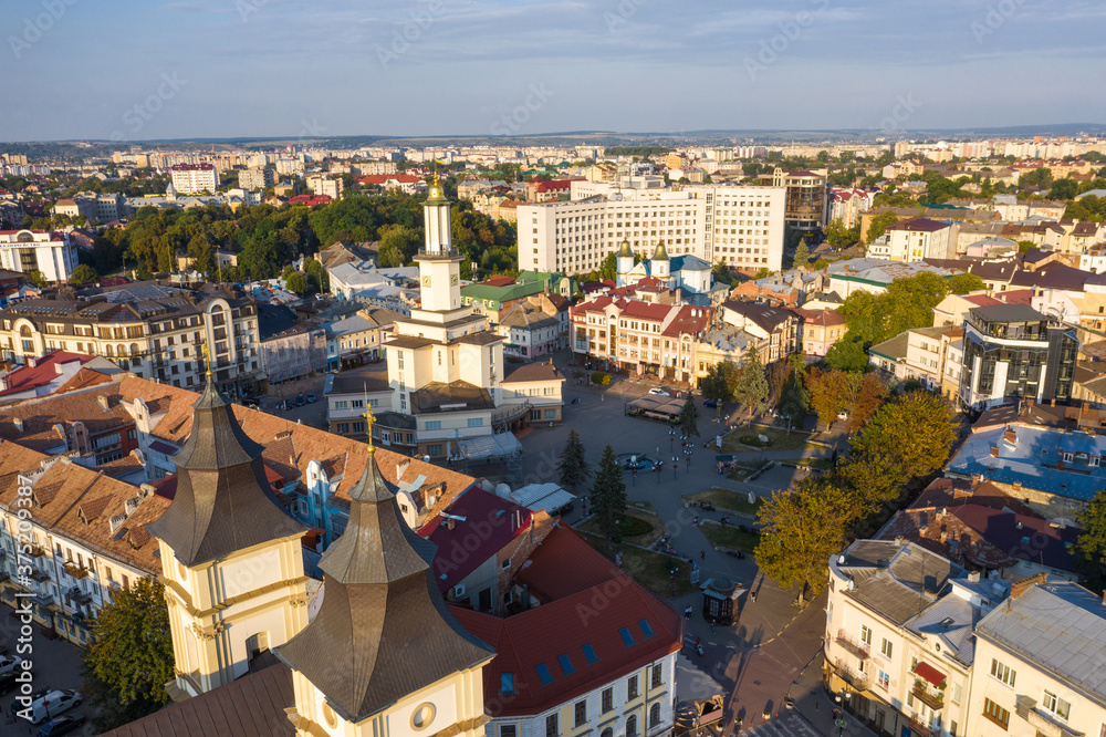 Ivano-Frankovsk the center of historic european city in summer. Old beautiful architecture aerial view.