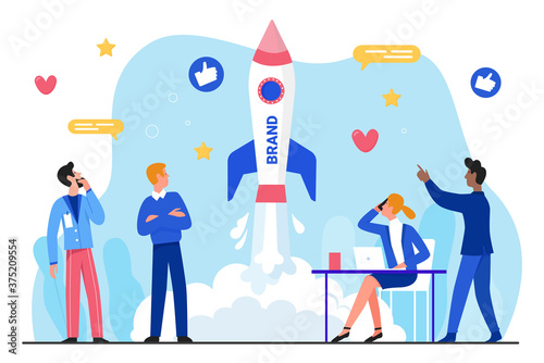 Brand business startup flat vector illustration. Cartoon businessman group characters working, launching rocket, successful branding or rebranding, starting new product or service isolated on white