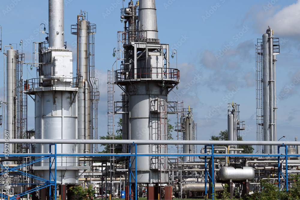  oil refinery petrochemical plant pipelines and chimney heavy industry