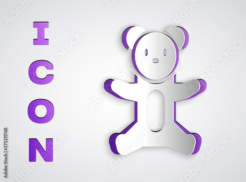 Paper cut Teddy bear plush toy icon isolated on grey background. Paper art style. Vector.
