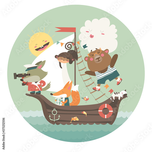 Cute animals travelling by ship on sea