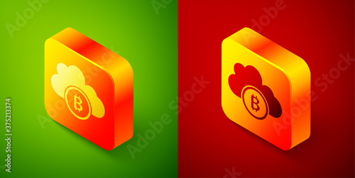 Isometric Cryptocurrency cloud mining icon isolated on green and red background. Blockchain technology, bitcoin, digital money market, cryptocoin wallet. Square button. Vector.