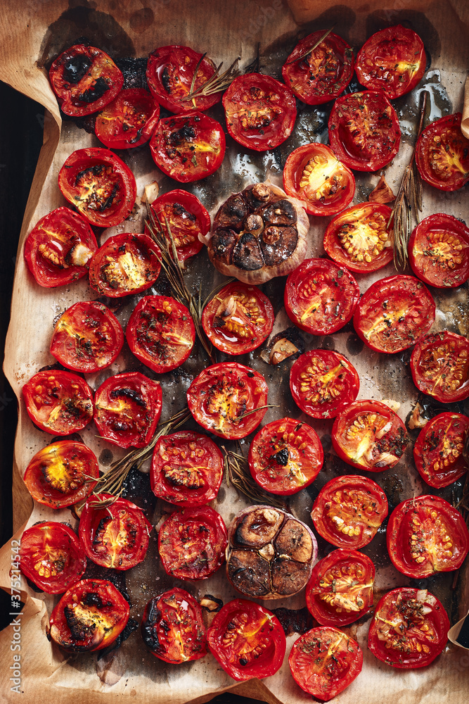 Oven-baked cherry tomatoes.