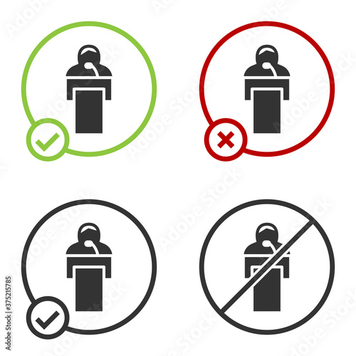 Black Gives lecture icon isolated on white background. Stand near podium. Speak into microphone. The speaker lectures and gestures. Circle button. Vector.