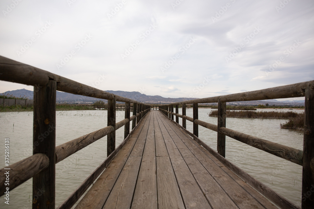 Fototapeta premium Bridge made of wood in the natural park called 'El Hondo' in a cloudy day in Elche, Alicante, Spain