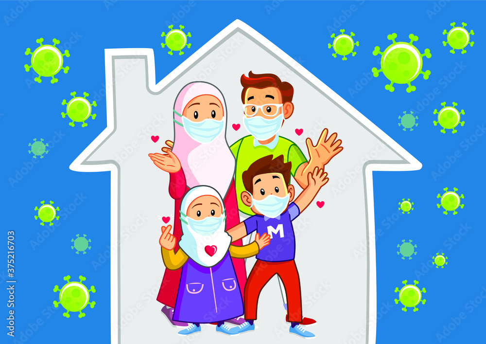 Naklejka premium happy muslim family in the house protected by corona virus