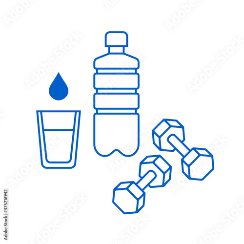 Water glass, plastic bottle and dumbbells icons