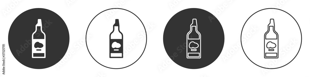 Black Bottle of olive oil icon isolated on white background. Jug with olive oil icon. Circle button. Vector. Black Bottle of olive oil icon isolated on white background. Jug with olive oil icon. Circle button. Vector.