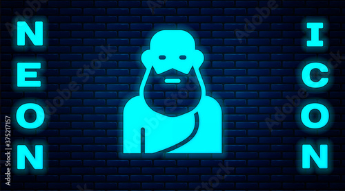 Glowing neon Socrates icon isolated on brick wall background. Sokrat ancient greek Athenes ancient philosophy. Vector.