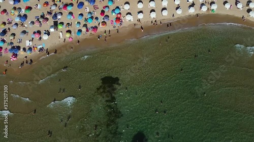 Beach with umbrellas in summer, drone shot
