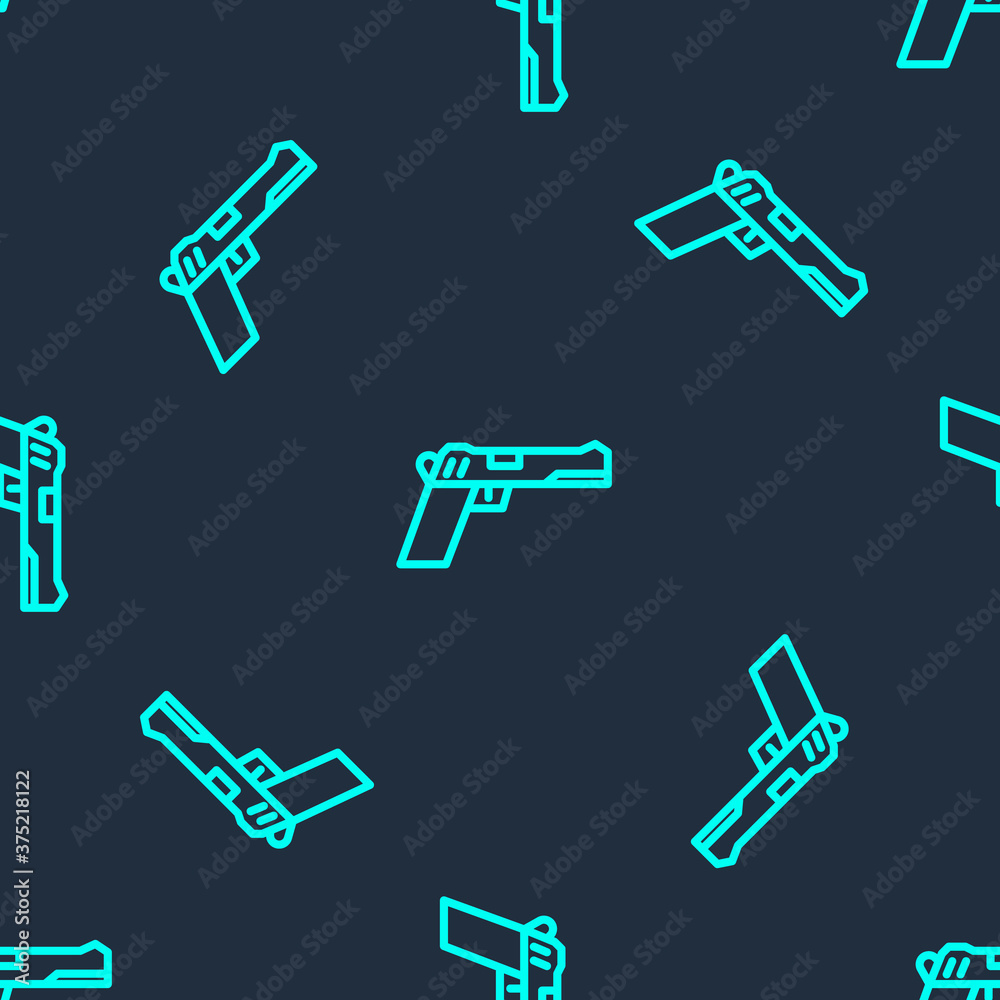 Green line Pistol or gun icon isolated seamless pattern on blue background. Police or military handgun. Small firearm. Vector Illustration. Green line Pistol or gun icon isolated seamless pattern on blue background. Police or military handgun. Small firearm. Vector Illustration.