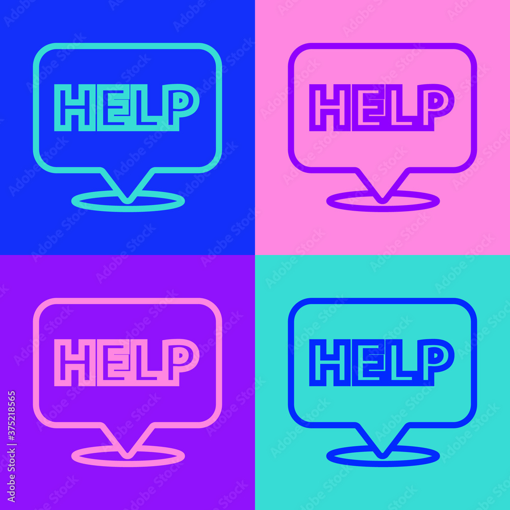Pop art line Speech bubble with text Help icon isolated on color background. Vector Illustration. Pop art line Speech bubble with text Help icon isolated on color background. Vector Illustration.