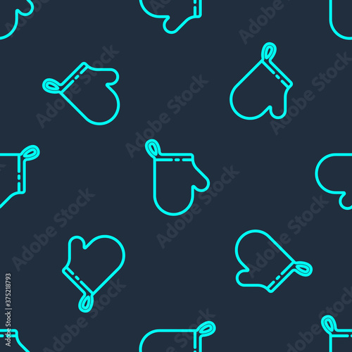 Green line Oven glove icon isolated seamless pattern on blue background. Kitchen potholder sign. Cooking glove. Vector Illustration.