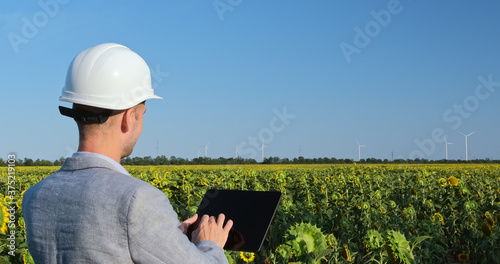 A man in a white helmet works with a tablet against the backdrop of windmills working.