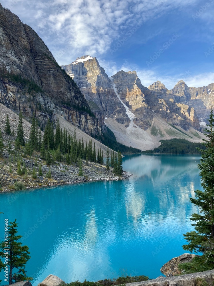 Beautiful blue lake with rocky mountains and trees