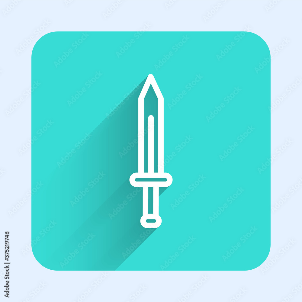 White line Medieval sword icon isolated with long shadow. Medieval weapon. Green square button. Vector. White line Medieval sword icon isolated with long shadow. Medieval weapon. Green square button. Vector.