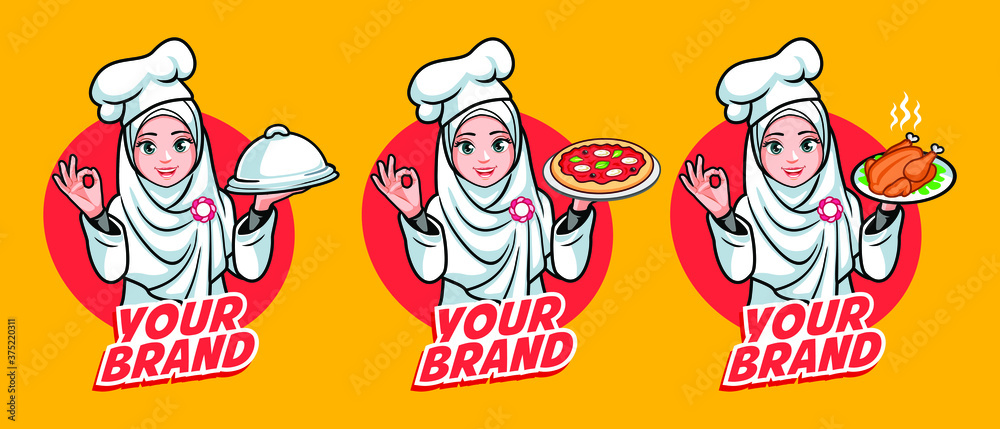 Hijab Chef with different cook, pan cover, pizza, and chicken