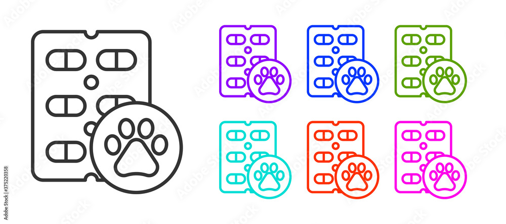 Black line Dog pill icon isolated on white background. Prescription medicine for animal. Set icons colorful. Vector.