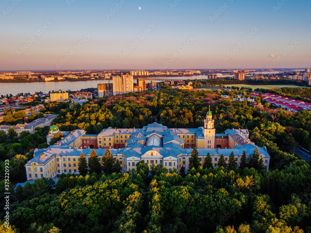 Aerial view of Voronezh in summer evening from height of drone flight