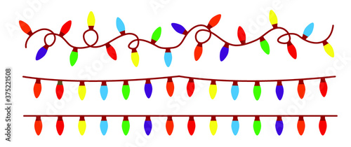 Dangle string lights vector. Colored bulb, bright string lights signs. Festive holiday decoration garland glowing light bulbs for the street home party lights. Think big Ideas. Christmas  (xmas)