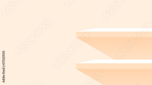 wood plank shelf on wall orange pastel soft color, modern shelf for display show on space wall, cute and chic counter desk panel for decoration, empty table top panel orange background, copy space