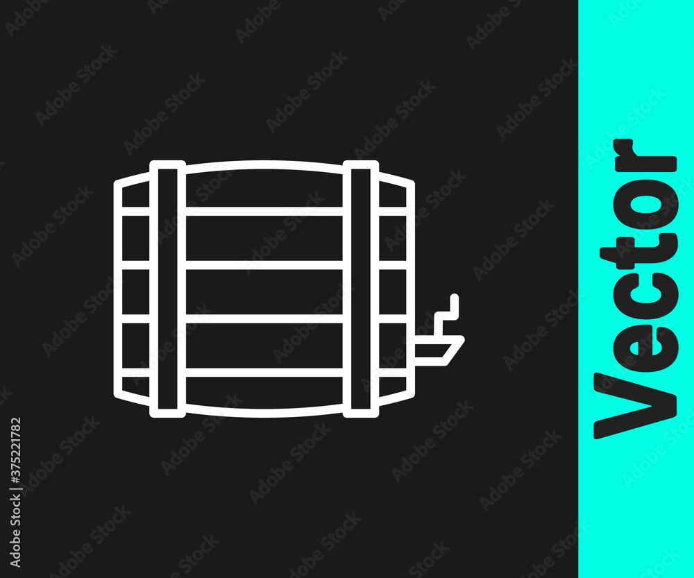 White line Wooden barrel icon isolated on black background. Alcohol barrel, drink container, wooden keg for beer, whiskey, wine. Vector. White line Wooden barrel icon isolated on black background. Alcohol barrel, drink container, wooden keg for beer, whiskey, wine. Vector.