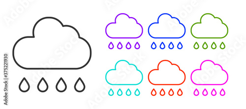 Black line Cloud with rain icon isolated on white background. Rain cloud precipitation with rain drops. Set icons colorful. Vector.