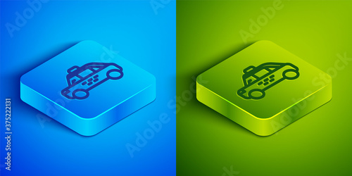 Isometric line Taxi car icon isolated on blue and green background. Square button. Vector.