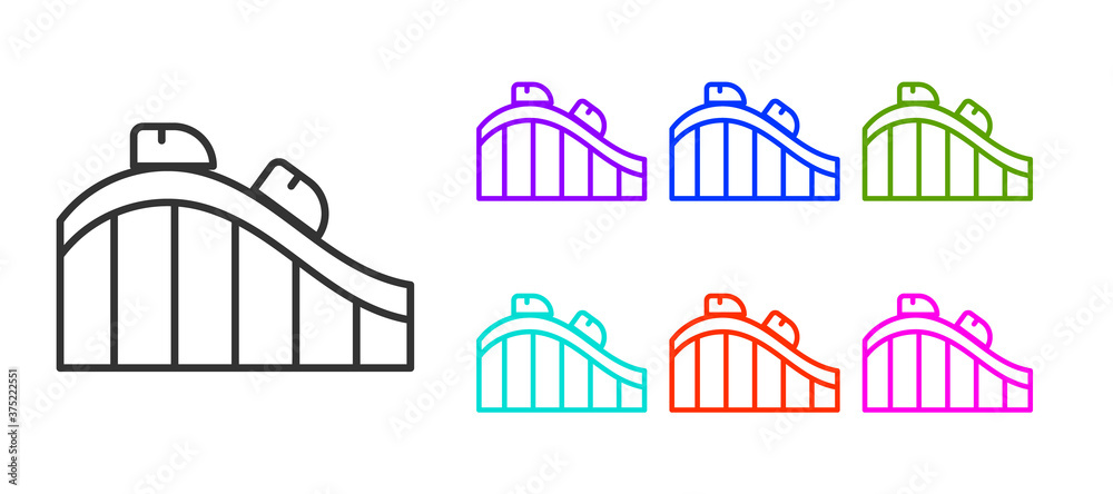 Black line Roller coaster icon isolated on white background. Amusement park. Childrens entertainment playground, recreation park. Set icons colorful. Vector.
