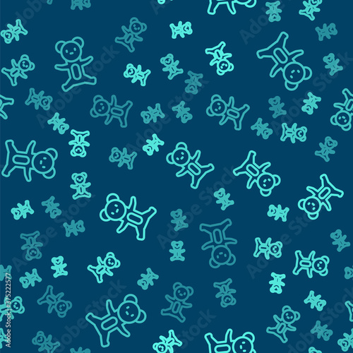 Green line Teddy bear plush toy icon isolated seamless pattern on blue background. Vector.